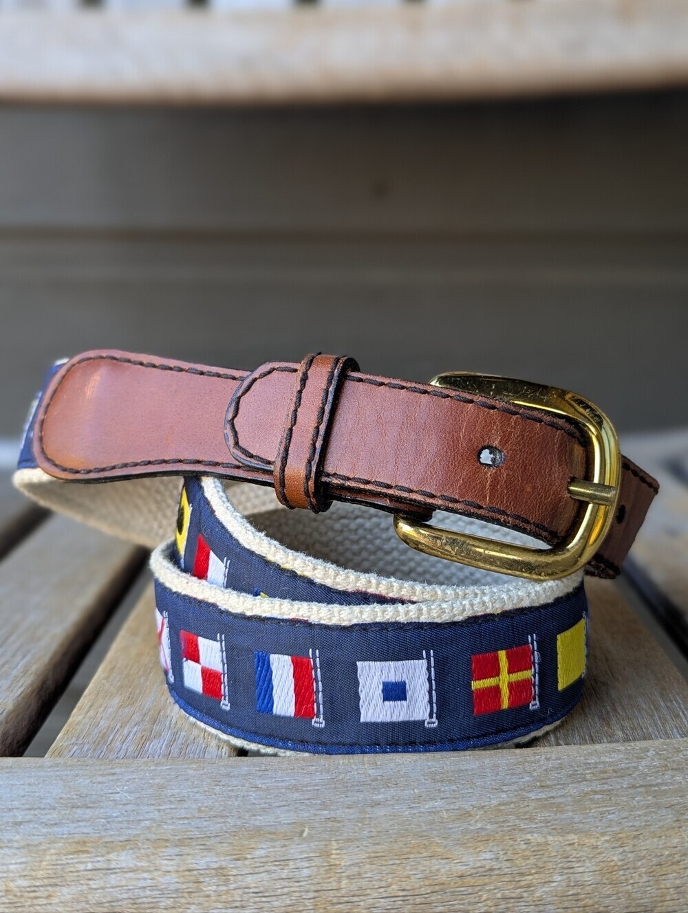 Nautical Flag Belt with Brown Leather Trim Size 36 Solid Brass Buckle